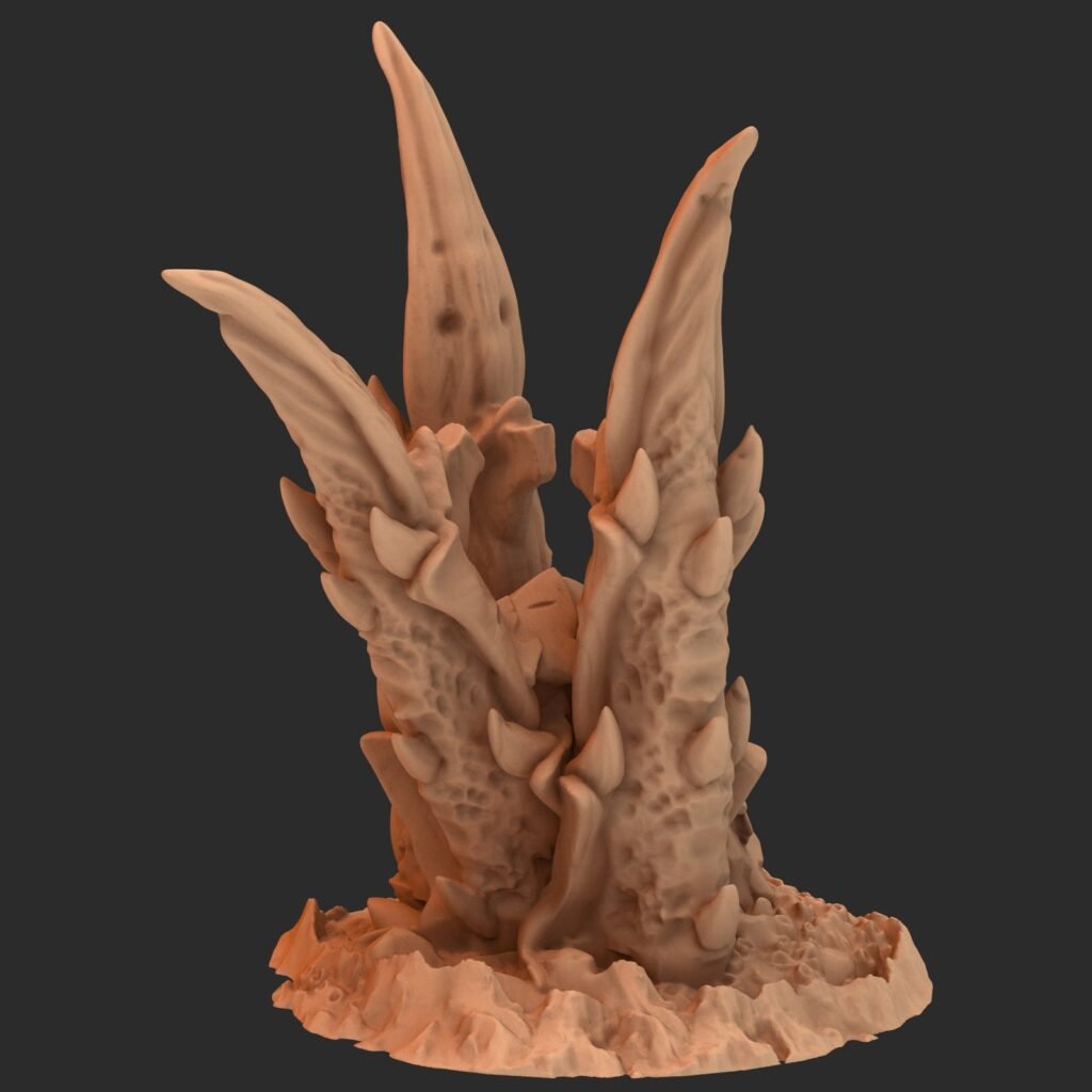 3 földből kitörő csáp szájat formálva, 3d nyomtatott tereptárgy