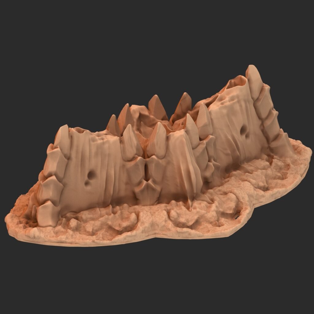 földből kitörő kő darabok fogakkal és csáp darabokkal közte, 3d nyomtatott tereptárgy