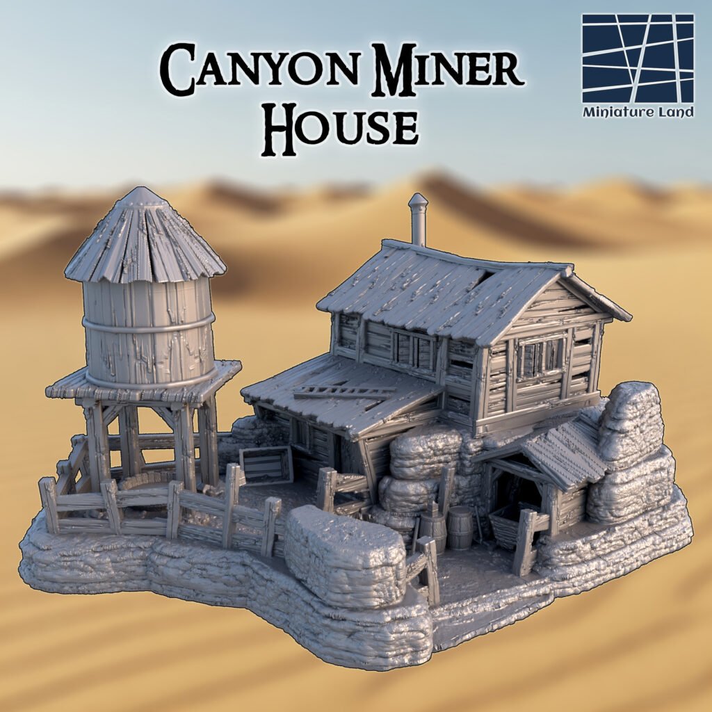 vadnyugati stílusú bányászház víztoronnyal és kerítéssel és kövekkel körbevéve, 3d nyomtatott tereptárgy fantasy játékokhoz