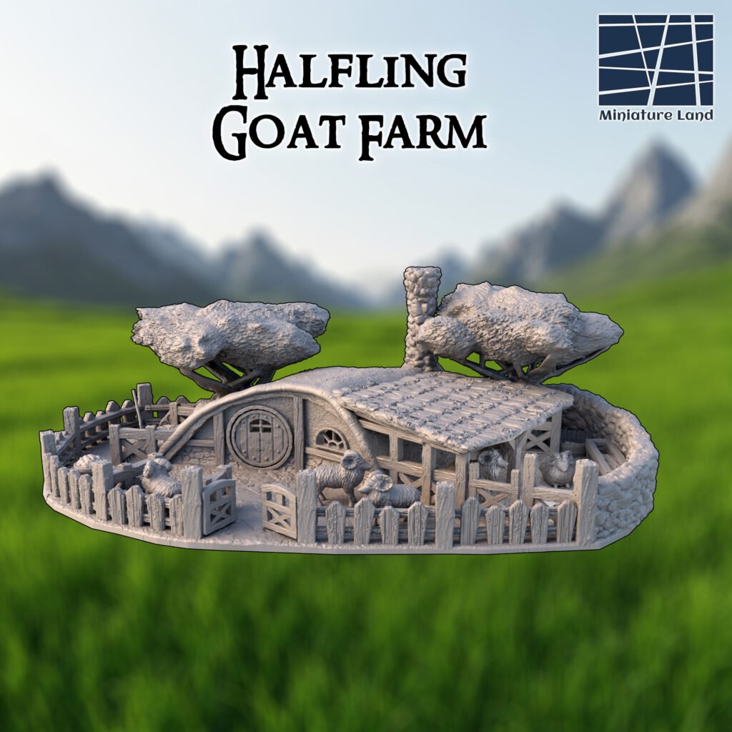 félszerzet hobbit ház 3d nyomtatott tereptárgy, kis kerítéses udvarral és kecskékkel és 2 fával