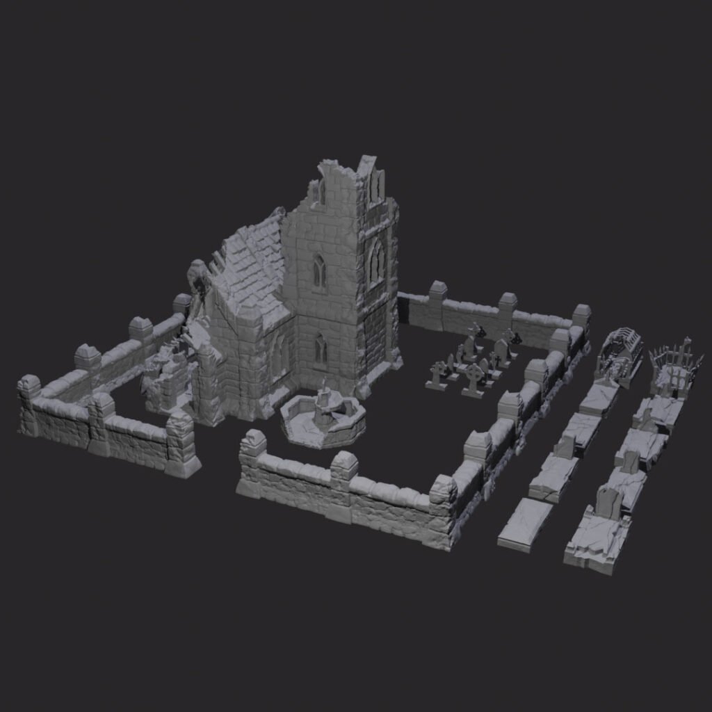 romos templom szett sírkövekkel kerítéssel szökőkúttal, 3d nyomtatott tereptárgy teljes