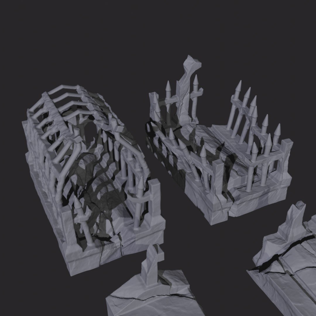 sírkövek romos templomhoz 10 darab, 3d nyomtatott tereptárgy közelről
