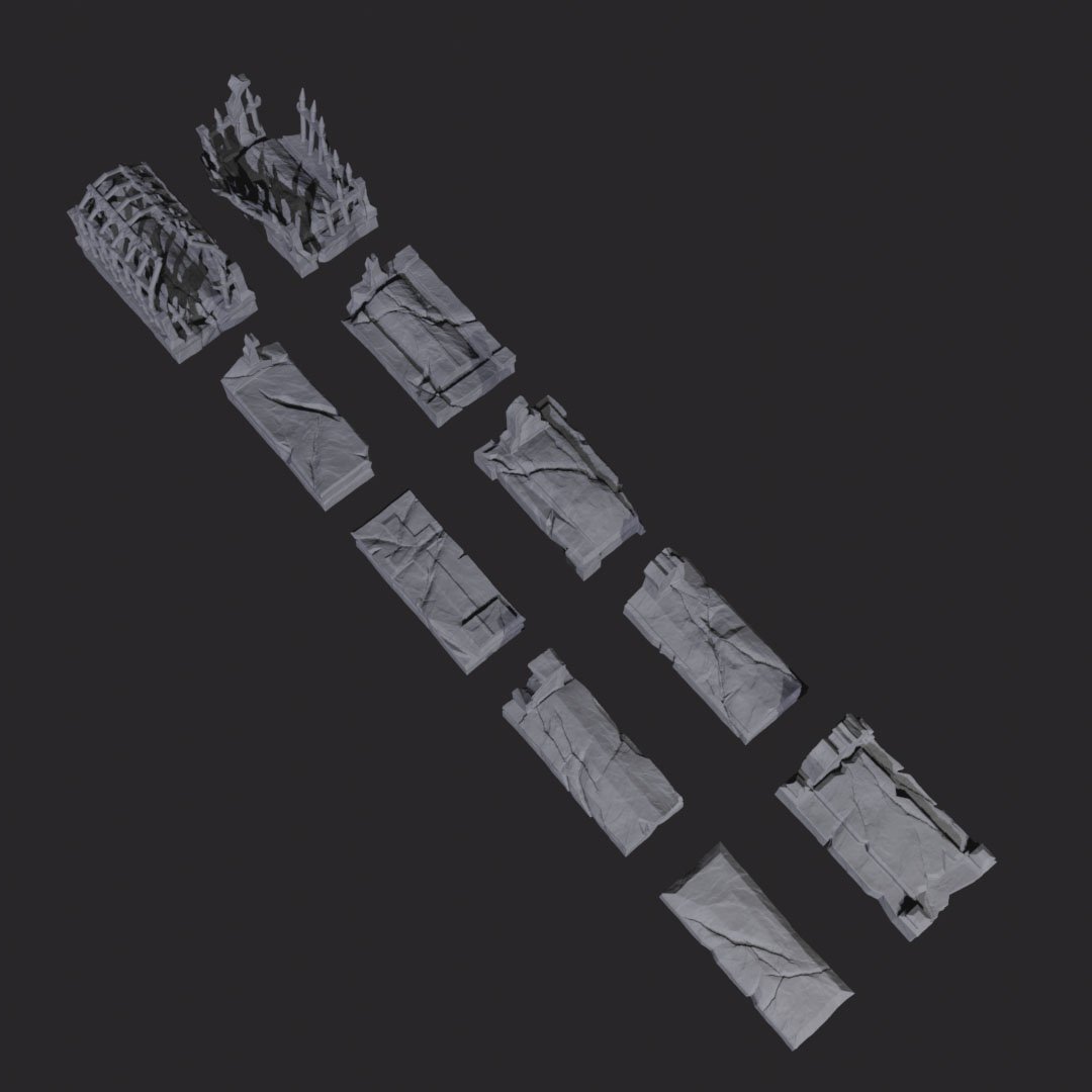 sírkövek romos templomhoz 10 darab, 3d nyomtatott tereptárgy
