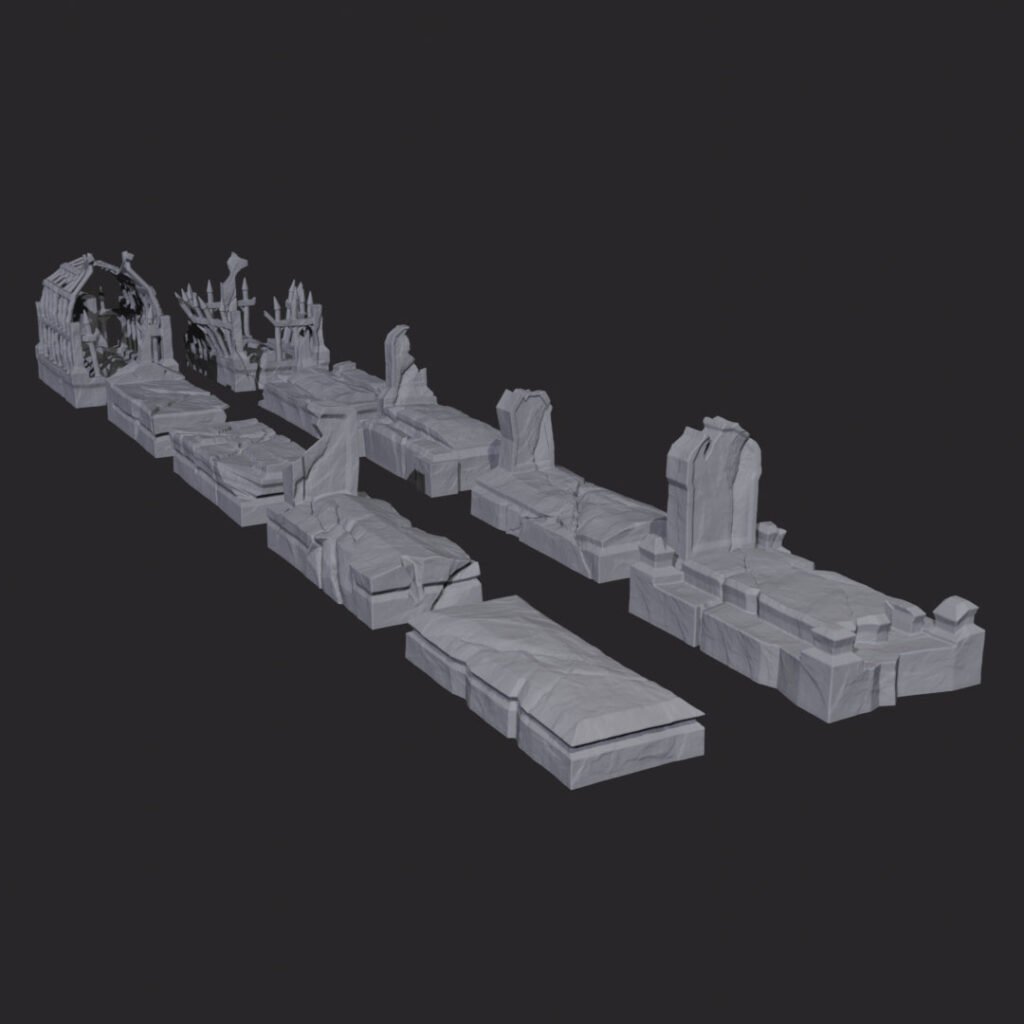 sírkövek romos templomhoz 10 darab, 3d nyomtatott tereptárgy szemből