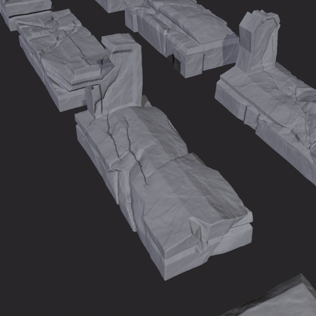 sírkövek romos templomhoz 10 darab, 3d nyomtatott tereptárgy közelről